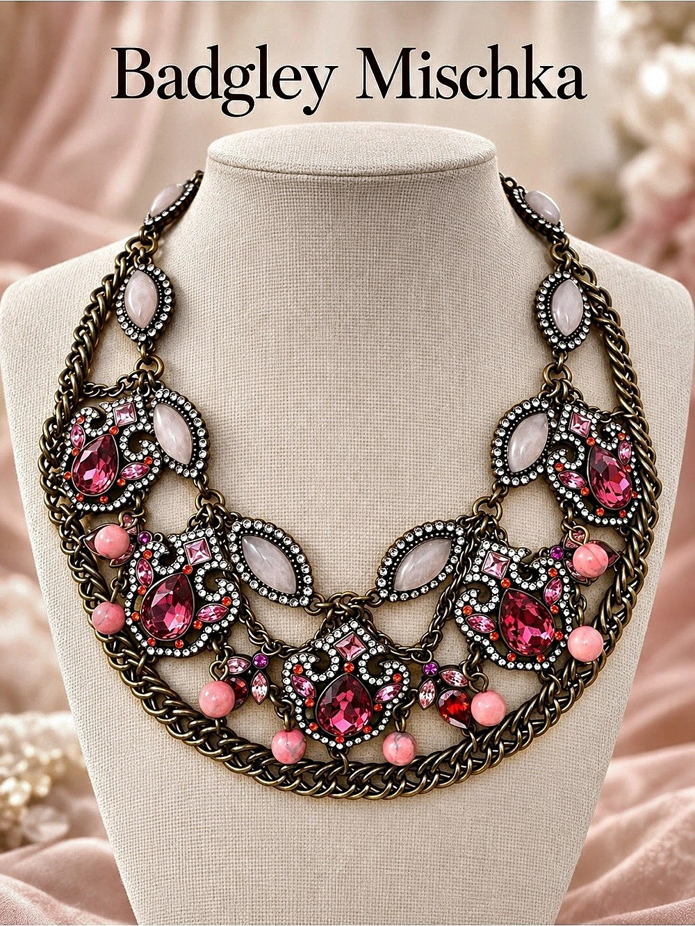 Badgley Mischka Statement Pink & Gold Necklace Like New 273